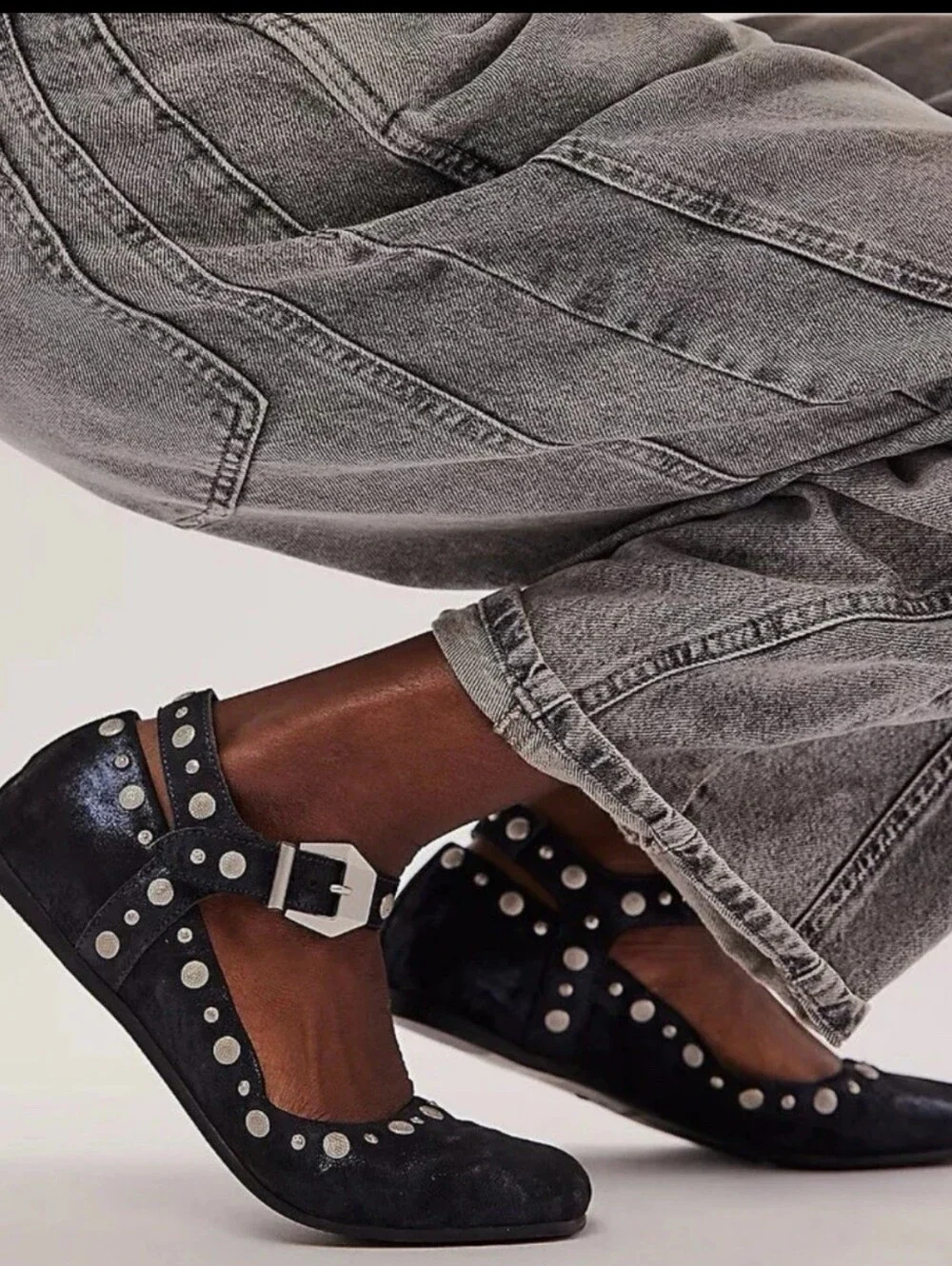 Free People Navy Metallic Mystic studded Mary Jane Flats size 9.5